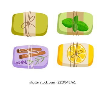 Handmade natural soap bar set. Soap bars with spices, herb and aroma oil. Vector flat Illustration. Natural organic spa products cosmetics. Aromatherapy and skin hygiene eco herbal cosmetics for bath