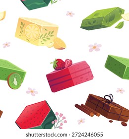 Handgefertigte natürliche Seifenstücke Vektor flache nahtlose Muster Design. Ziegel mit Erdbeere, Zitrone, Kiwi, Wassermelone, Kaffeebohnen, Zimt. Badearomatherapie kosmetischer Fruchtduft, Spa-Produkt