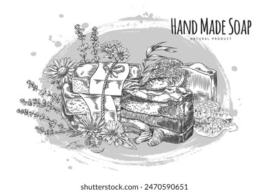 Handmade natural soap engraved hand drawn vector composition. Chamomile, calendula and lavender essential oil, fruity and honey bathing natural products. Herbal soap bricks decorated with flowers