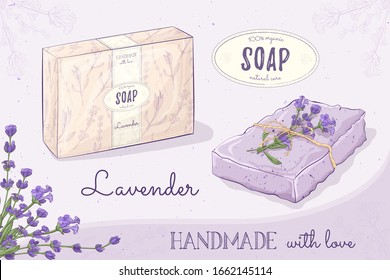 Handmade natural soap lavender. Vector hand drawn illustration of handmade soap with flowers and lettering. Herbal bodycare. Great for label, logo, banner, packaging, spa and body care promote