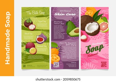 Handgefertigte natürliche Seifenplakate, Vektorgrafik. Hautpflege Kosmetikprodukt mit Kokosnuss, Grapefruit, Avocado, Feigen, Mangostanen, Rambutan, Passionsfruchtwerbepromo mit Platz für Text