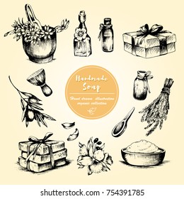 Handmade natural soap set. Organic cosmetic sketch. Vector illustration. Vintage style
