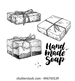 Handmade natural soap set. Vector hand drawn illustration of organic cosmetic with lettering. Great for label, logo, banner, packaging, spa and body care promote