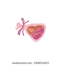 Handmade natural soap in the shape of heart vector flat illustration. Colorful soap bar in bag decorated with rope bow isolated. Bathing aromatherapy cosmetic. Herbal organic spa product, body care