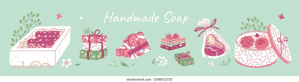 Handmade natural soap vector banner design. Soap brick in package box decorated with rope bow and flowers. Bathing aromatherapy cosmetics. Herbal organic spa product, healing body care