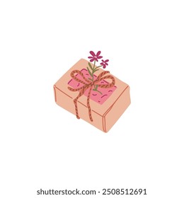 Handmade natural soap vector flat illustration. Soap brick in package box decorated with rope bow and flowers isolated. Bathing aromatherapy cosmetic. Herbal organic spa product, healing body care