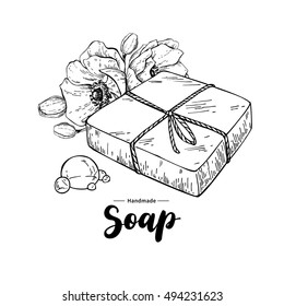 Handmade natural soap. Vector hand drawn illustration of organic cosmetic with flowers and  lettering. Herbal bodycare. Great for label, logo, banner, packaging, spa and body care promote