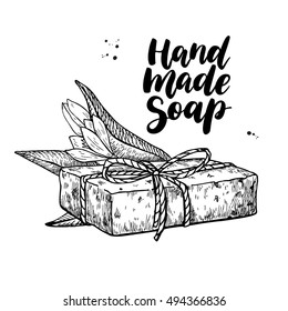 Handmade natural soap. Vector hand drawn illustration of organic cosmetic with lettering and tea tree flower. Great for label, logo, banner, packaging, spa and body care promote