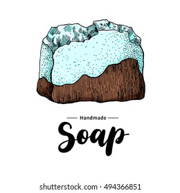 Handmade natural soap. Vector hand drawn illustration of organic cosmetic with lettering. Colorful artistic drawing. Great for label, logo, banner, packaging, spa and body care promote