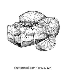 Handmade natural soap. Vector hand drawn illustration of organic cosmetic with lemon. Great for label, logo, banner, packaging, spa and body care promote