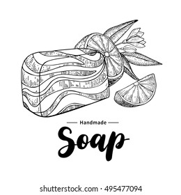 Handmade natural soap. Vector hand drawn illustration of organic cosmetic with lemon, flower and lettering. Great for label, logo, banner, packaging, spa and body care promote