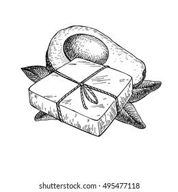 Handmade natural soap. Vector hand drawn illustration of organic cosmetic with avocado oil. Great for label, logo, banner, packaging, spa and body care promote