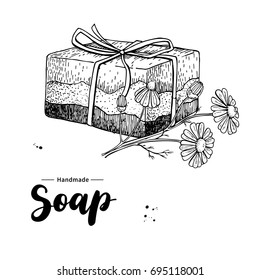 Handmade natural soap. Vector hand drawn illustration of organic cosmetic with chamomile medical flowers. Herbal bodycare. Great for label, logo, banner, packaging, spa and body care promote