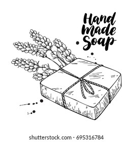 Handmade natural soap. Vector hand drawn illustration of organic cosmetic with lavender medical flowers. Herbal bodycare. Great for label, logo, banner, packaging, spa and body care promote