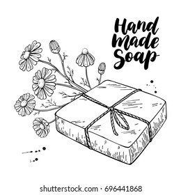 Handmade natural soap. Vector hand drawn illustration of organic cosmetic with chamomile medical flowers. Herbal bodycare. Great for label, logo, banner, packaging, spa and body care promote