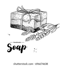 Handmade natural soap. Vector hand drawn illustration of organic cosmetic with lavender medical flowers. Herbal bodycare. Great for label, logo, banner, packaging, spa and body care promote
