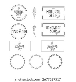 Handmade and natural soap vector labels with floral wreaths	