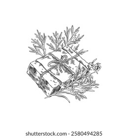 Handmade natural wormwood plant essential oil soap engraved sketch. Hand drawn herbal soap brick decorated with flowers and leaves. Artemisia aromatherapy, spa and hygiene cosmetics