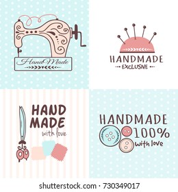 Handmade needlework craft badges sewing banners fashion tailoring tailor handicraft elements vector illustration.