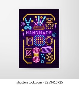 Handmade Neon Flyer. Vector Illustration of Craftsmanship Promotion.