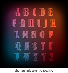 Handmade Neon Light Alphabet Vector Font. Glowing text effect isolated on background