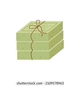Handmade olive soap set tied with twine. Natural cosmetics. Vector illustration for social networks, website, packaging design.