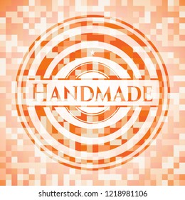 Handmade orange tile background illustration. Square geometric mosaic seamless pattern with emblem inside.