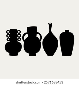 Handmade Organic Clay Pottery Ceramic Vases Black Silhouette. Different Pottery Shape Silhouette Decor. Hand Drawn Vector Illustration