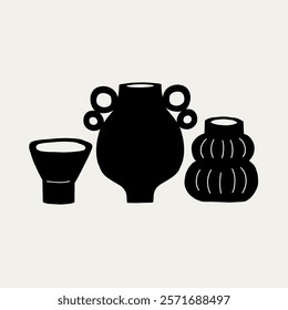 Handmade Organic Clay Pottery Ceramic Black Silhouette. Different Pottery Shape Silhouette Decor. Hand Drawn Vector Illustration