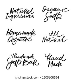 Handmade organic soap bar labels with handdrawn lettering. Can be used for hommade cosmetics. Vector illustration