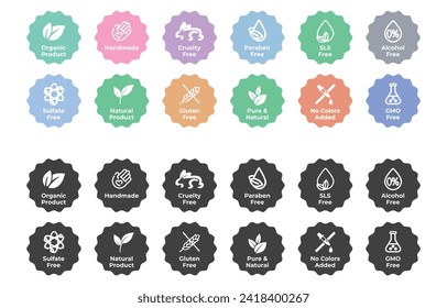 Handmade packaging icon Cruelty Free Paraben Free icons Sulfate Free Gluten GMO No Colors Added Food packaging icon. Natural Product Organic Packaging badge Icon symbols stock set illustrations