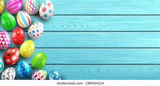 Handmade painted easter eggs on wood background.Colorful easter eggs decoration on wood table top view with copy spac.Easter eggs with different texture.Vector illustration EPS10