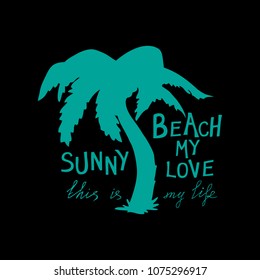 Handmade palms trees retro style. Design fashion apparel on light background. T shirt graphic vintage vector illustration label logo template. Bright colors.