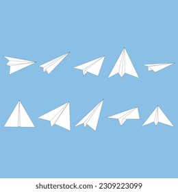 Handmade paper airplane vector set in flat style isolated from origami paper airplane collection background.
