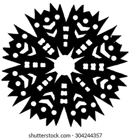 Handmade, paper cut with scissors  snowflake silhouettes on the white background. Old style hobby preparation for New year and Christmas Holidays.