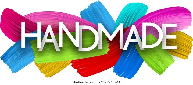 Handmade paper word sign with colorful spectrum paint brush strokes over white. Vector illustration.