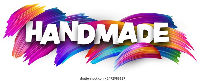 Handmade paper word sign with colorful spectrum paint brush strokes over white. Vector illustration.