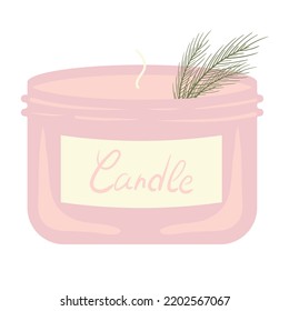 handmade paraffin scented hygge candle in a glass jar with a coniferous branch for aromatherapy