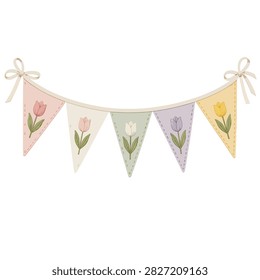Handmade pastel bunting flags featuring painted tulip flowers