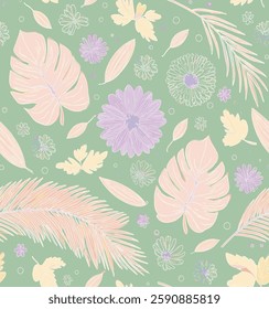 Handmade pastel green background with pattern of pink and purple flowers and leaves, for gift wrap and wallpaper