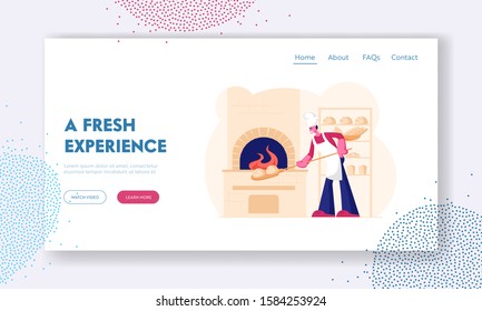 Handmade Pastry Shop Website Landing Page. Baker Wearing White Apron and Toque Put Raw Bread for Baking in Burning Oven in Restaurant or Bakehouse Web Page Banner. Cartoon Flat Vector Illustration