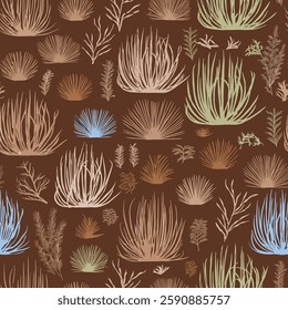 Handmade pattern of stylized desert plant tufts in various sizes and colors on brown background, for gift wrap and wallpaper