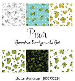 Handmade pear illustration,  seamless backgrounds set, green pear, collection, cartoon vector illustration, black polka dots, skyblue, black and white, outline.