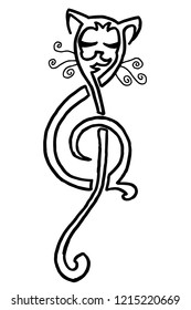 Handmade pen drawing of a cat shaped like a music note. Usable as a coloring page. Vector comes with transparent backing.