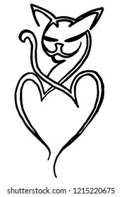 Handmade pen drawing of a cat shaped like a heart. Usable as a coloring page. Vector comes with transparent backing.