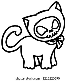 Handmade pen drawing of a cat with a skull face. Usable as a coloring page. Vector comes with transparent backing.