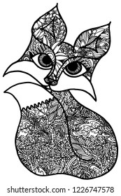 Handmade pen drawing of a fox filled with zentangle patterns. Usable as a coloring page. Vector comes with transparent backing.