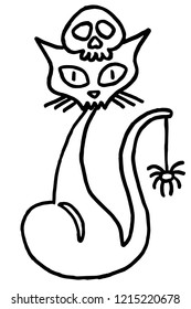 Handmade pen drawing of a 'Hamlet' cat with a skull and a spider. Usable as a coloring page. Vector comes with transparent backing.