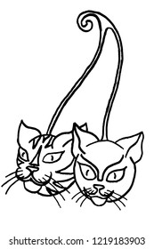 Handmade pen drawing of two cat heads connected by a cherry stem. Usable as a coloring page. Vector comes with transparent backing.