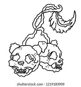 Handmade pen drawing of two mouse skulls connected by a cherry stem. Usable as a coloring page. Vector comes with transparent backing.